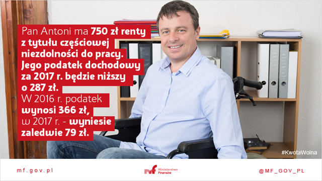 Grafika promująca kwotę wolną od podatku – mężczyzna siedzący na wózku inwalidzkim