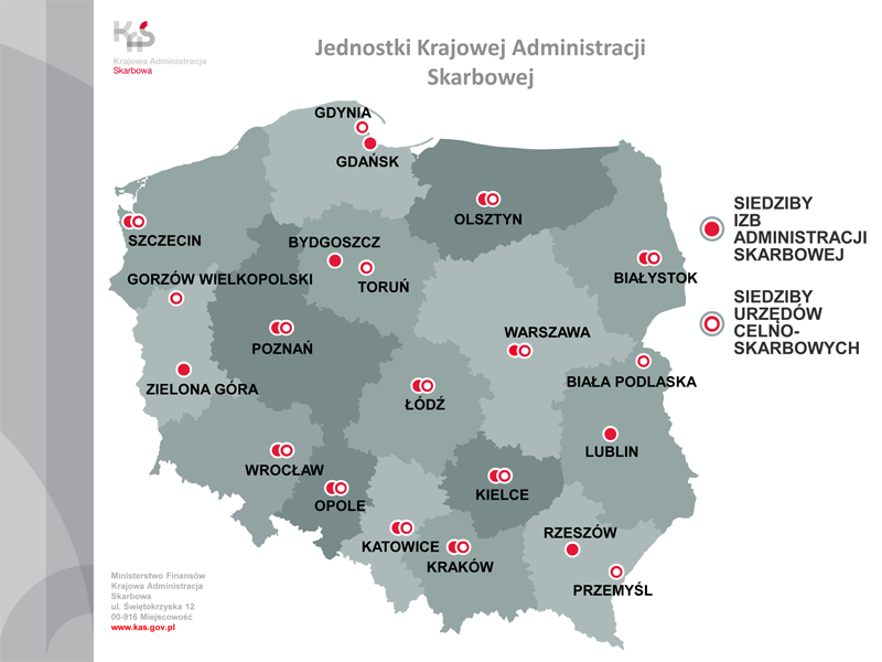Mapa Polski z siedzibami jednostek Krajowej Administracji Skarbowej – izby administracji skarbowej i urzędy celno-skarbowe