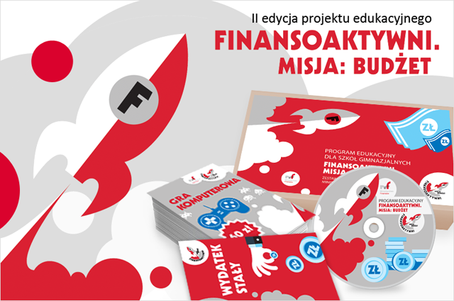 Grafik promująca projekt Finansoaktywni. Misja Budżet na której widnieje logo akcji, rakieta kosmiczna oraz napis II edycja projektu edukacyjnego