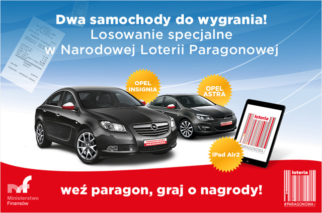 Grafika promująca Narodową Loterię Paragonową w tym napis „Dwa samochody do wygrania. Losowanie specjalne w Narodowej Loterii Paragonowej. Weź paragon, graj o nagrody.