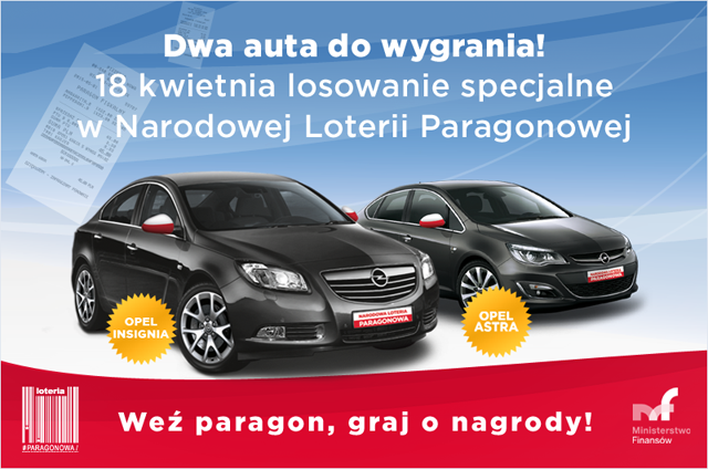 Grafika informująca o losowaniu specjalnym w Narodowej Loterii Paragonowej, które ma odbyć się w dniu 18 kwietnia 2016 r., podczas którego do wygrania są dwa samochody – na dole grafiki napis Weź paragon, graj o nagrody.