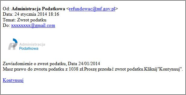 Uwaga na fałszywe e-maile z logiem Administracji Podatkowej