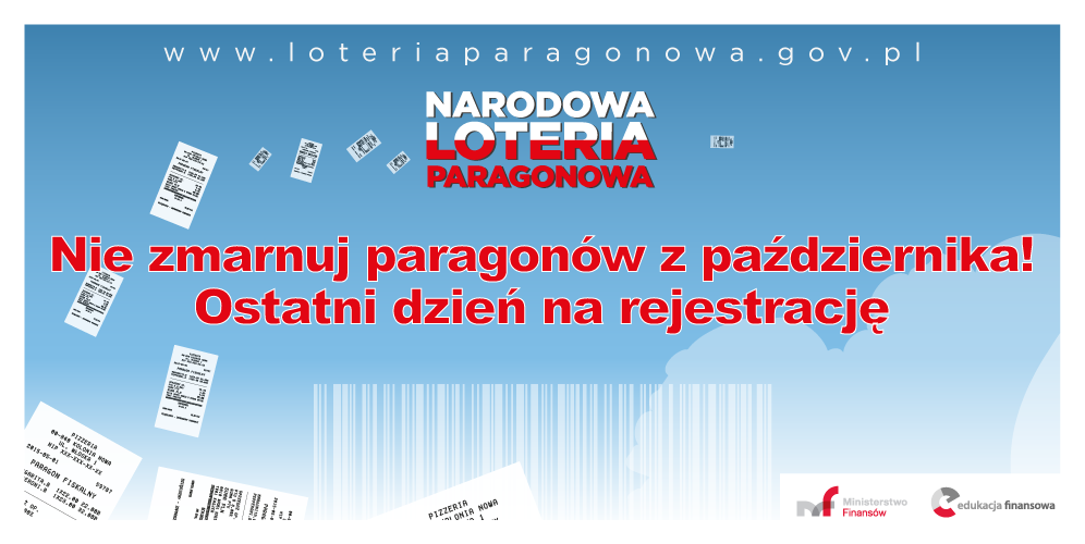 Grafika informująca o ostatnim dniu – w miesiącu październiku - na rejestrację paragonów w Narodowej Loterii Paragonowej.