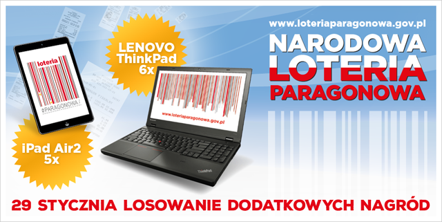 Grafika informująca o losowaniach, w tym również to w dniu 29 listopada 2015 r., podczas których do wygrania są notebooki lub iPady – po prawej stronie widoczny jest adres www.loteriaparagonowa.gov.pl a poniżej napis Narodowa Loteria Paragonowa