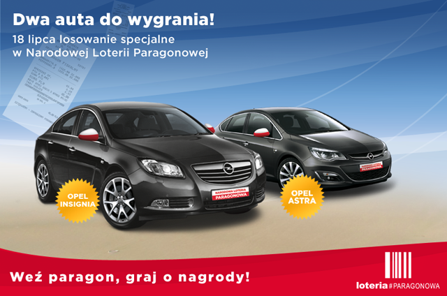 Grafika promująca loterię paragonową - widać na niej dwa samochody (Opel Astra i Insignia) oraz między innymi napis Dwa auta do wygrania - 18 lipca losowanie specjalne w Narodowej Loterii Paragonowej.