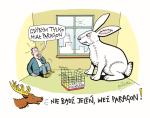 Rysunek Andrzeja Mleczki promujący akcję Nie bądź jeleń, weź paragon. Przedstawia on klienta przerażonego gigantycznym królikiem zakupionym jako królik-miniaturka. Skulony w rogu pokoju klient mówi: Gdybym tylko miał paragon.