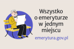 Baner informujący o starcie kampanii informacyjnej nt. zmian w systemie emerytalnym (przedstawiający starszego mężczyznę z wąsami w garniturze siedzącego na ławce i czytającego gazetę, obok napis Wszystko o emeryturze w jednym miejscu emerytura.gov.pl)