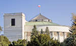 W tle zdjęcia, ponad linią drzew, widoczny jest budynek Sejmu Rzeczypospolitej Polskiej w Warszawie z powiewająca flagą Polski.