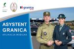 Funkcjonariusze Służby Celnej i Straży Granicznej stoją na tle przejścia granicznego - w tym napis po lewej stronie grafiki Asystent Granica - aplikacja mobilna.