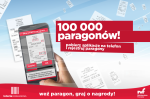 Grafika promująca aplikację mobilną Narodowej Loterii Paragonowej w tym napis „100 000 paragonów! Pobierz aplikację na telefon i rejestruj paragony