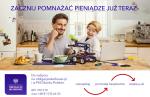 Baner promujący sprzedaż obligacji oszczędnościowych – na grafice widać uśmiechniętego mężczyznę z dzieckiem w kuchni w tym napis „Zacznij pomnażać pieniądze już teraz