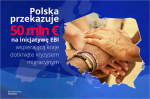 Grafika na której widać splecione dłonie na tle konturu Polski w tym napis „Polska przekazuje 50 mln Euro na inicjatywę EBI wspierającą kraje dotknięte kryzysem migracyjnym