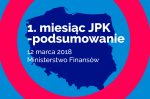 Mapa Polski w tym napis „1.miesiąc JPK – podsumowanie. 12 marca 2018 r. Ministerstwo Finansów