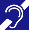 Symbol osoby z dysfunkcją słuchu - kontur ucha przekreślony białym paskiem na niebieskim tle